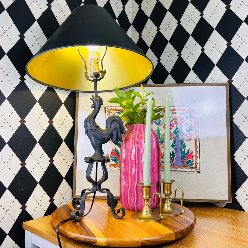 Wrought Iron Rooster Lamp French Country w/‎ Original Black Gold Shade Farmhouse - Picture 7 of 11
